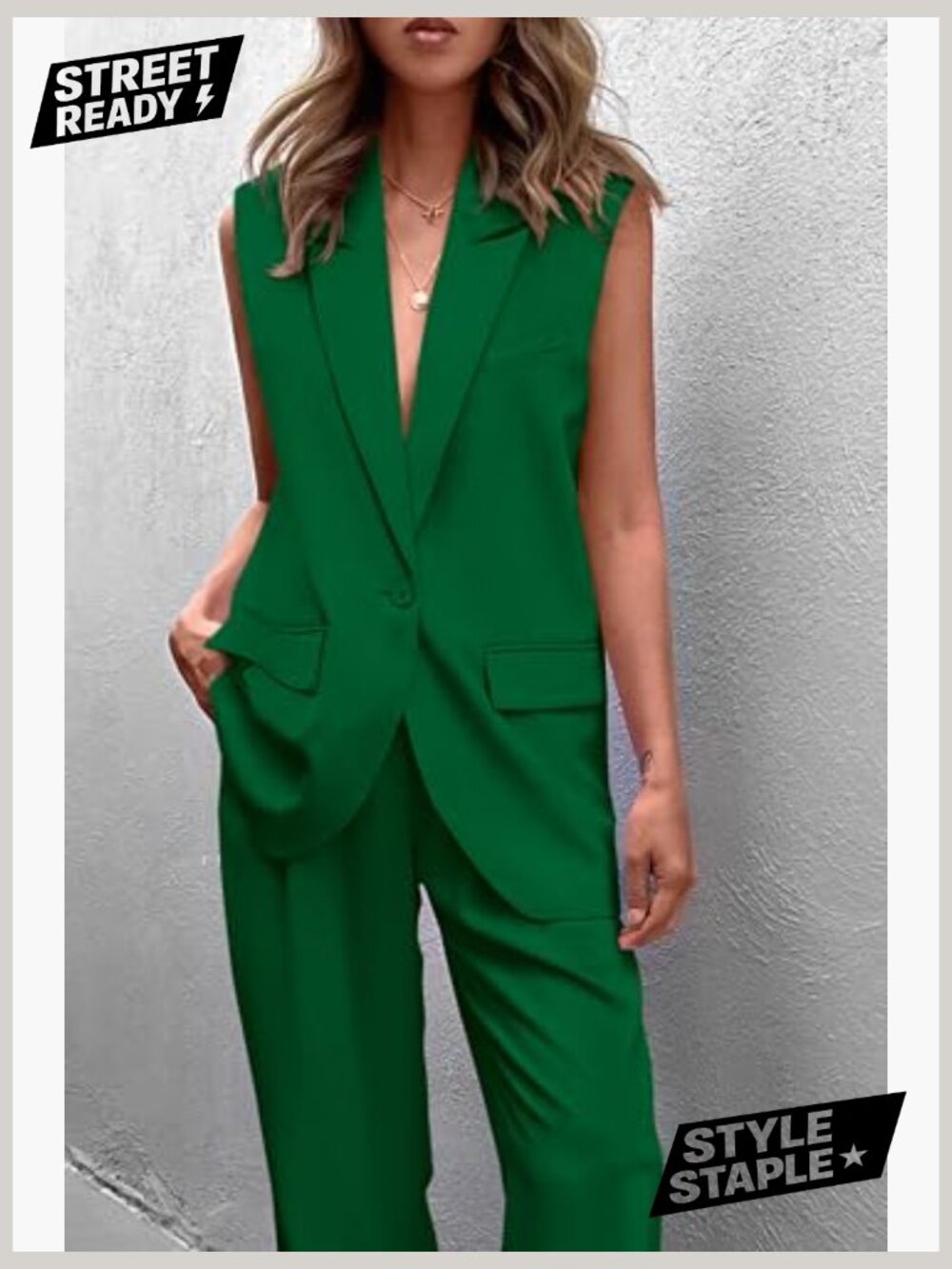 2 Piece Business Casual Blazer Set - Vest & Wide Leg Pants - Picture 3 of 7